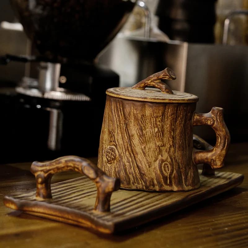 Mug Tree Stump Shape Coffee Cup Saucer And Spoon Set Ceramic Mug With Lid 255ML Reusable Drink Cup Set For Cold/Hot Drinks
