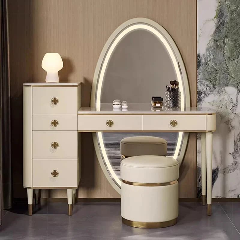 Luxury Modern Vanity Table Mirror Chair Makeup Bedroom Dressing Table Storage Girl Wood Cheap Penteadeira Postmodern Furniture
