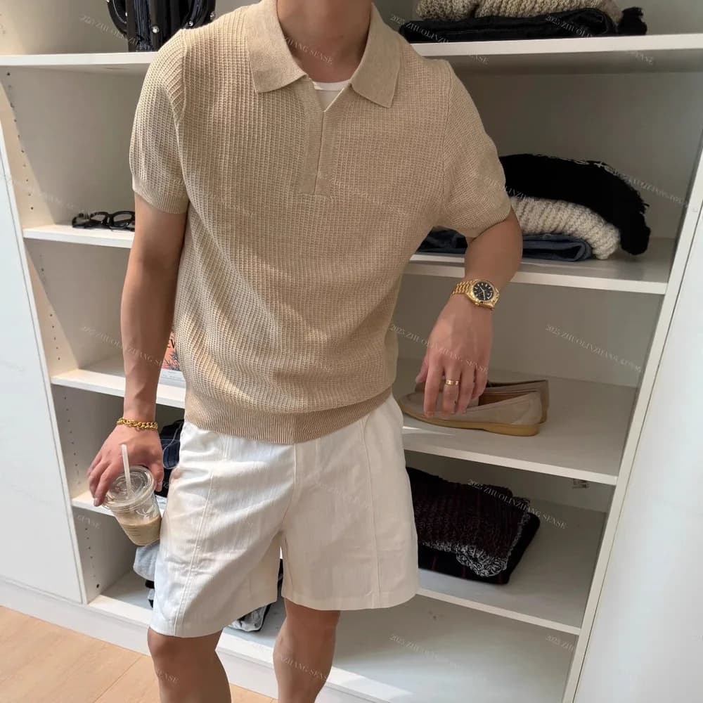 2026 Summer Old Money Style Ice Silk Knit Polo Shirt Men Seagull Collar Thin Breathable Short Sleeve Casual T shirt