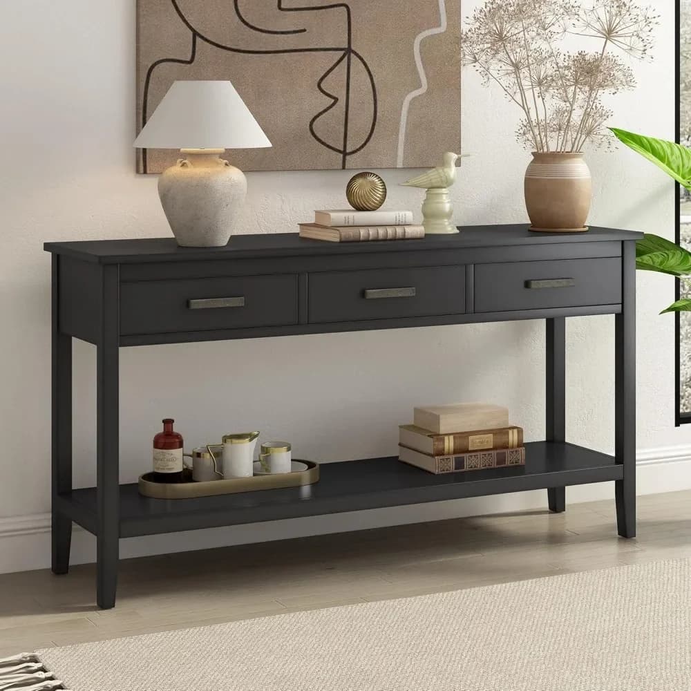 Contemporary Rectangular Console Table with 1 Shelf and 3 Storage Drawers