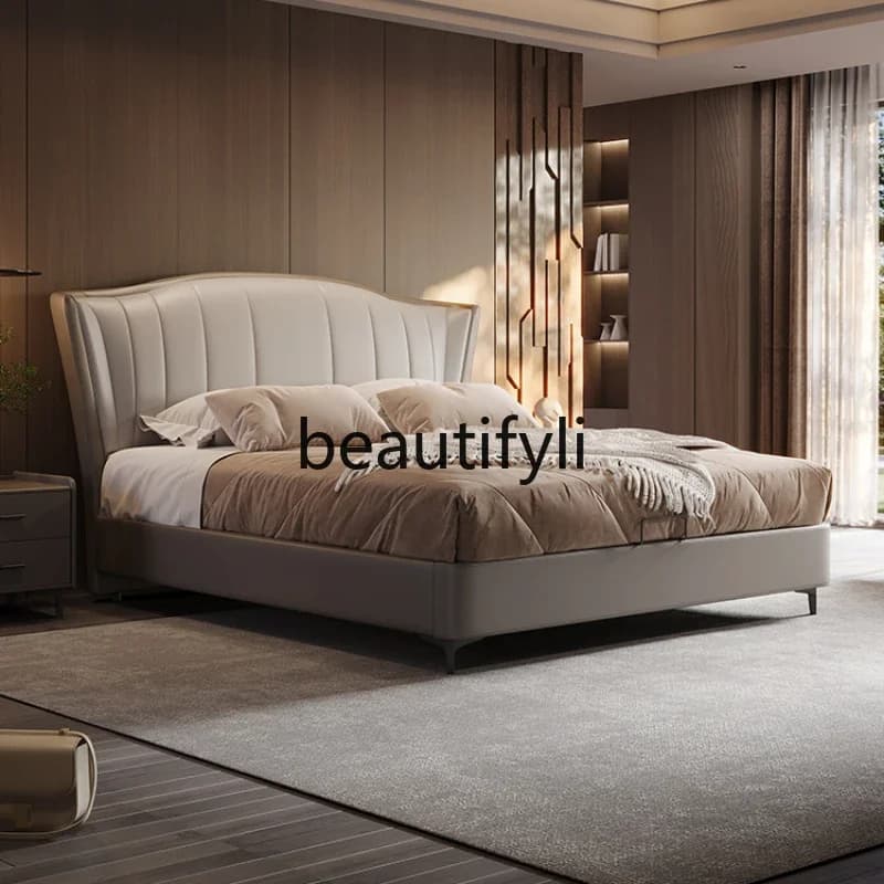 Genuine leather, master bed, modern simple bed, first layer cowhide bedH