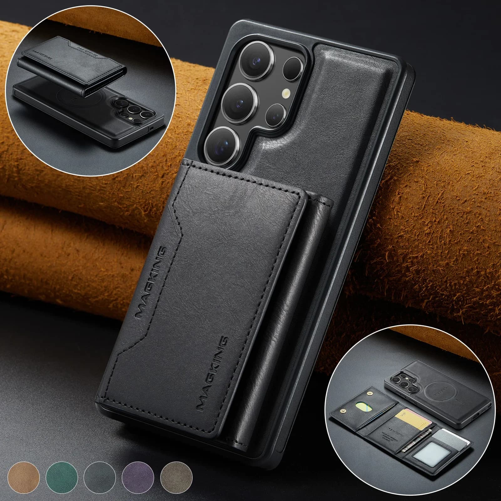 2 IN 1 Case For Samsung Galaxy S25 S24 Ultra Plus FE Wireless Charger Magsafe Wallet Lather Card Pocket Magnetic Kickstand Case