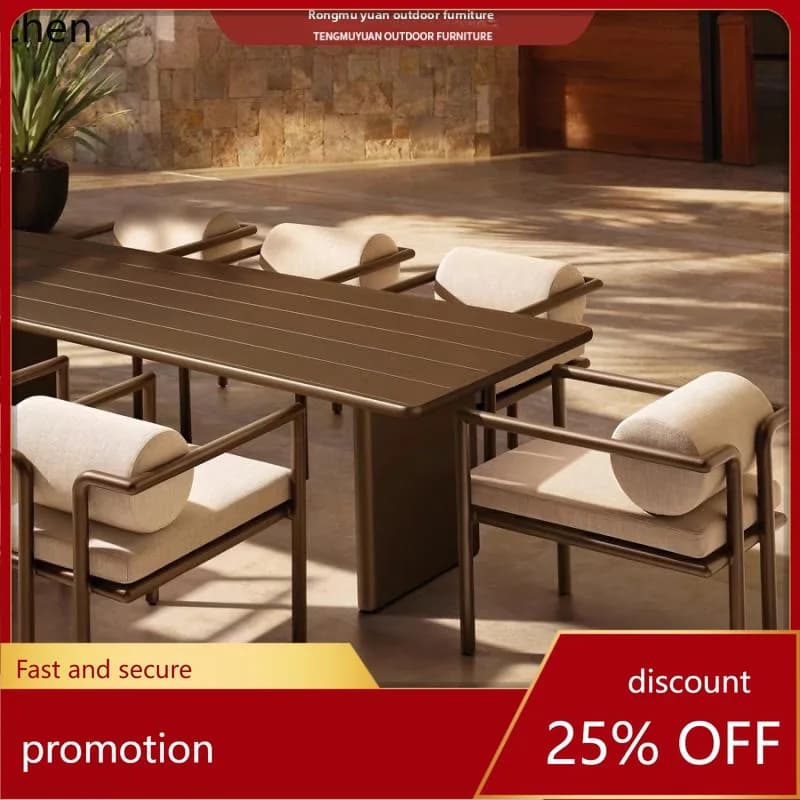 HT Outdoor Patio Table and Chairs Aluminum Alloy Table and Chairs Garden Villa Aluminum Long Table Waterproof Outdoor Furniture