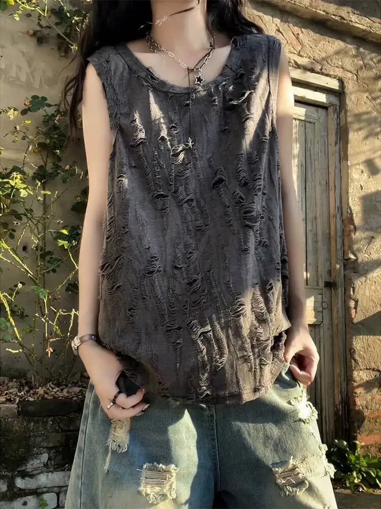 Unisex Tank Top 2026 New American High Street Ripped Tank Top Men Women Summer Sleeveless T-shirt Lazy Loose Camisole Streetwear