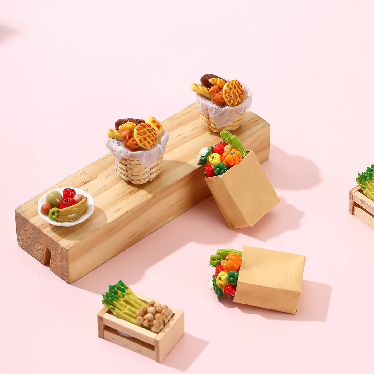 1set Mini Vegetables Fruits Set Food Bag Miniature Kitchen Food Basket Model Scene Decoration Accessory Tabletop Decor Ornament