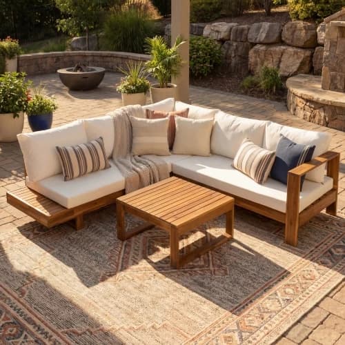 #4-Piece Modern Solid Acacia Wood Outdoor Patio Sofa Set With Coffee Table Waterproof