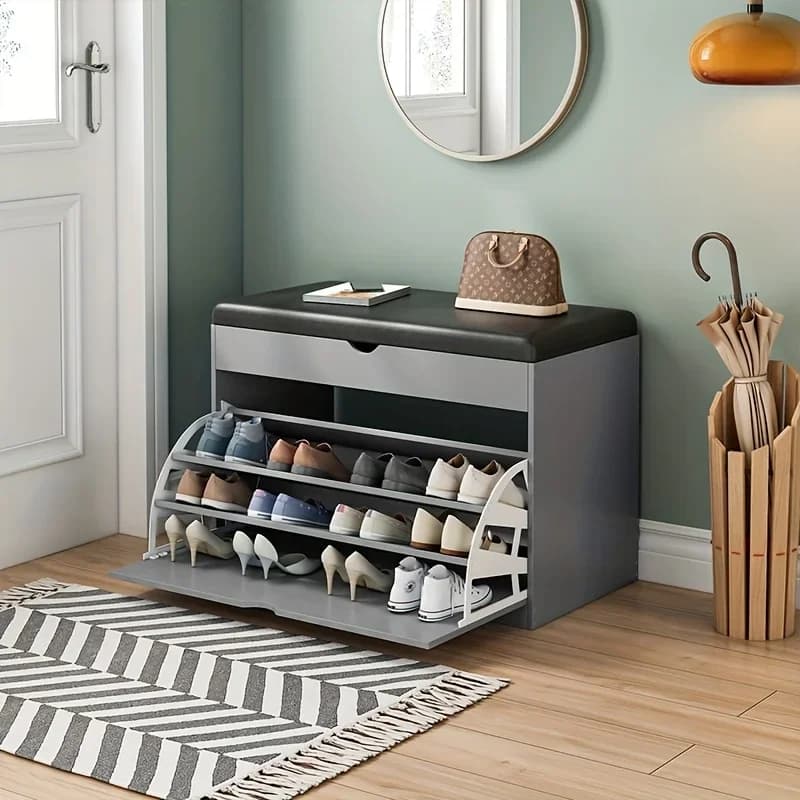 For Wooden Shoe Bench with Storage | 3-Tier Shoe Rack, Cushioned Seat & Hidden Cabinet | Space-Saving Entryway Organizer for Hom