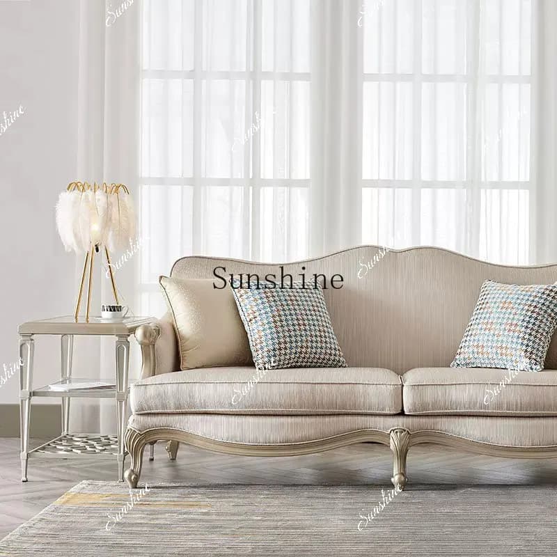 American light luxury solid wood fabric three-person sofa living room engraving creative high-end champagne color  FT
