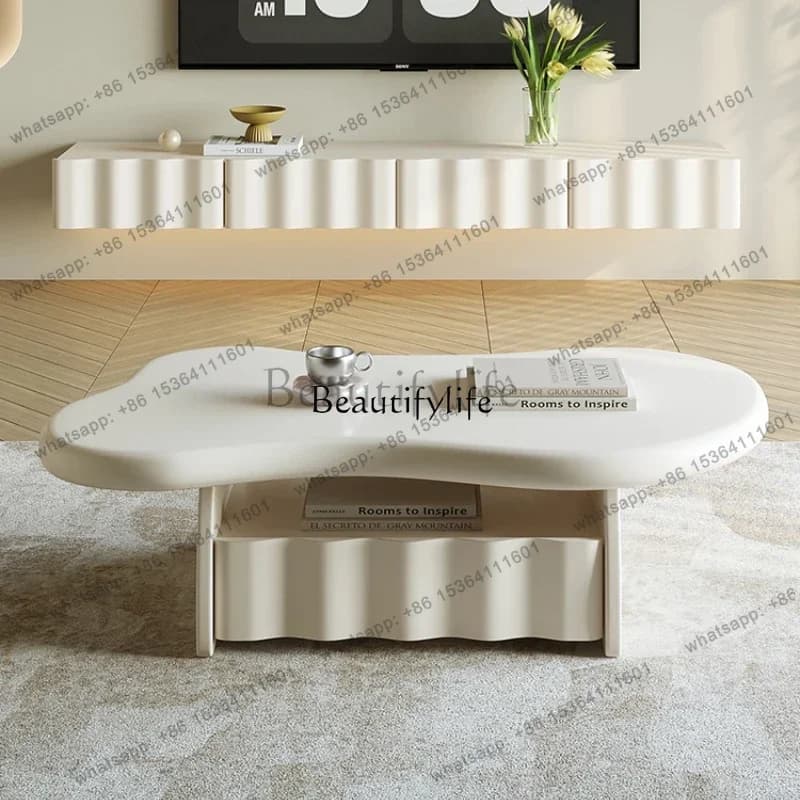 FG10 -*French cream wind wave coffee table small apartment living room heterosexual solid wood white coffee table