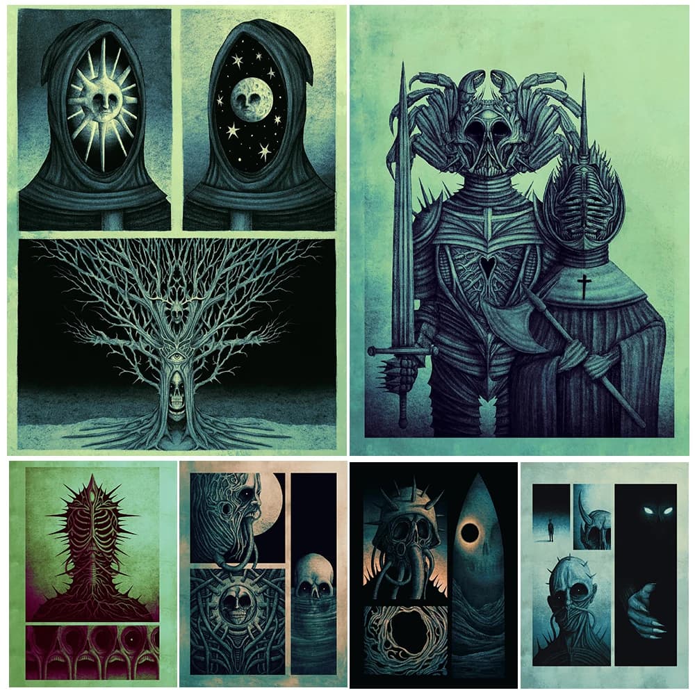 Weird Swordsman And Mage,Vintage Wall Art Canvas Painting,Abstract Monster Illustration,Art Poster And Print,Home Decor Unframed