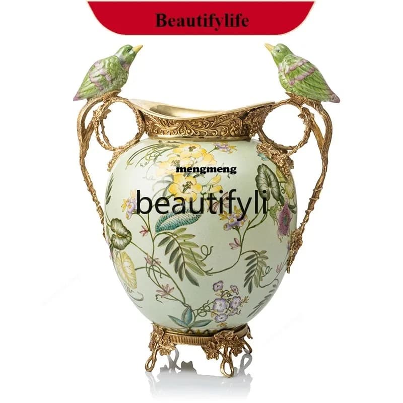 Modern Simple Pastoral Peacock Bird White Ice Crack Ceramic Flower Vase Decorative Ornament  N