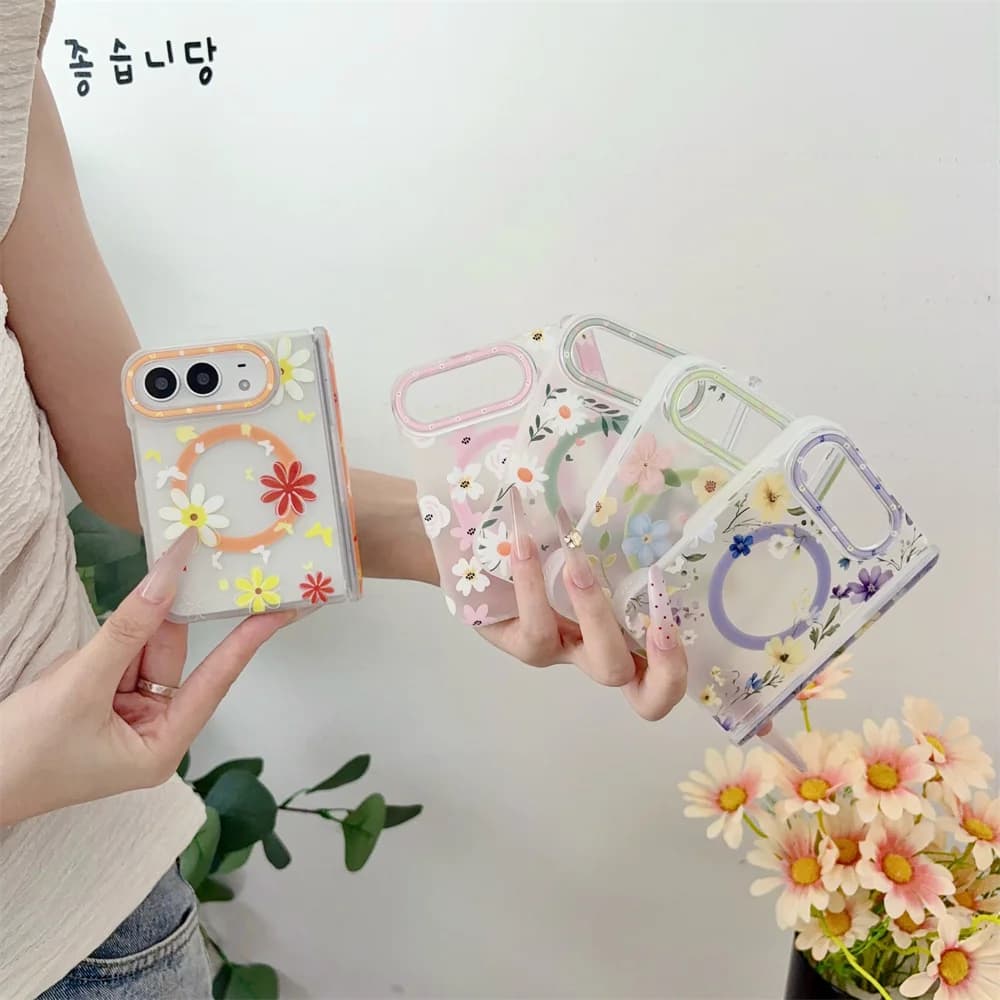 New Korea Kawaii Cartoon Magnetic Phone Case For iPhone Duo Foldable Body Hinge Protective Cover Cute Cases Shockproof Shell