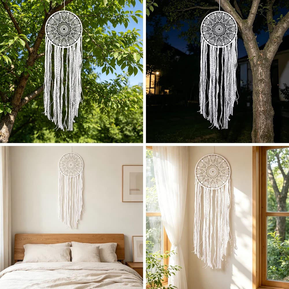 Bohemian Lace Crochet Dream Catcher Large Size Wall Art Ornament with Multi Layer Tassels for Indoor and Outdoor Decoration
