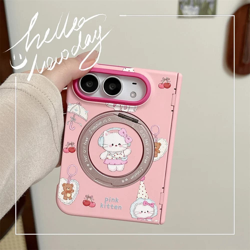 Cute Pink Kitten Bear Cherry Phone Case For iPhone Ultra 360°Rotatable Ring Stand Cartoon Cat Shockproof Protective Phone Cover