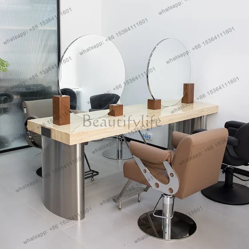 New barber shop mirror table hair salon special double-sided four-sided marble with cabinet hair cutting perm and dyeing table