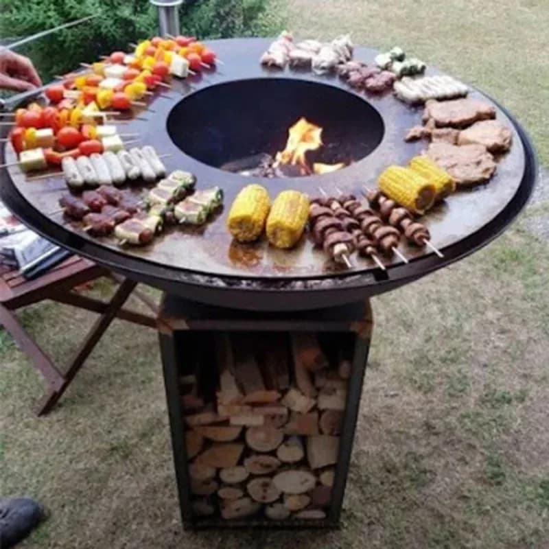 Outdoor Fire Pit Table with Grill Plate Corten Steel Metal for Backyard BBQ Rustic Aged Finish Weather Resistant Fire Pit