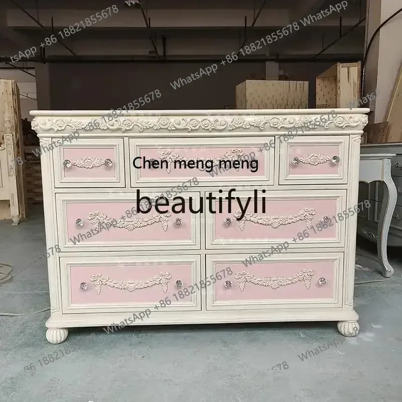 D178  French solid wood carving flower retro seven-chest cabinet storage locker pink dressing decorative cabinet