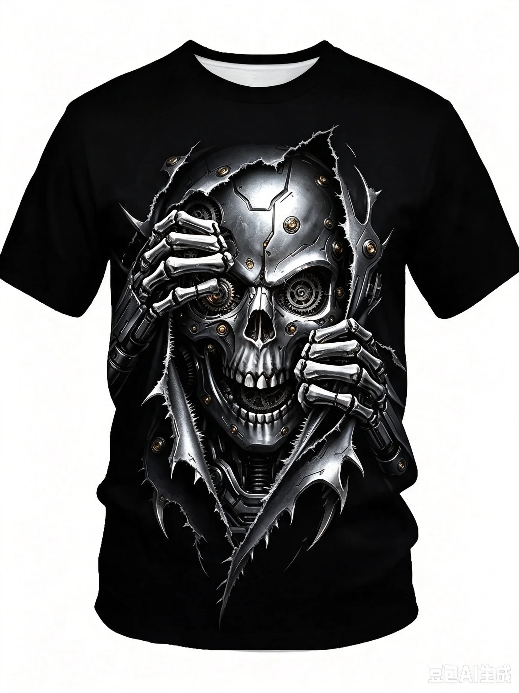 Men's Gothic Skull 3D Print T‑Shirt, Cool Skeleton Ripping Fabric Graphic Short Sleeve Tee, Casual Crew Neck Top for Daily Wear