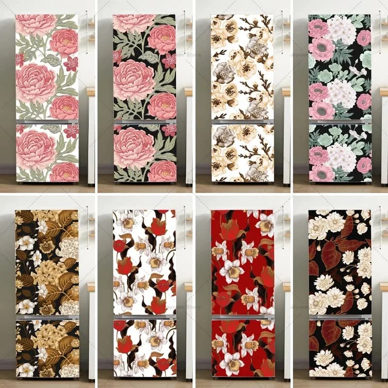 Peony Narcissus Floral Refrigerator Stickers Waterproof Self-Adhesive Doors Decals Vintage Botanical Wrap for Kitchen Home Decor