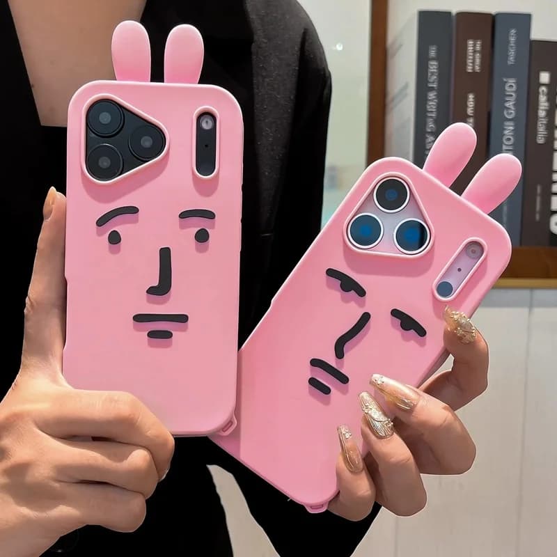 Kawaii 3D Funny Cartoon Pink Emoji Rabbit Silicone Phone Case For iPhone 18 17 16e 15 14 13 12 Pro Max Soft Shockproof Cover