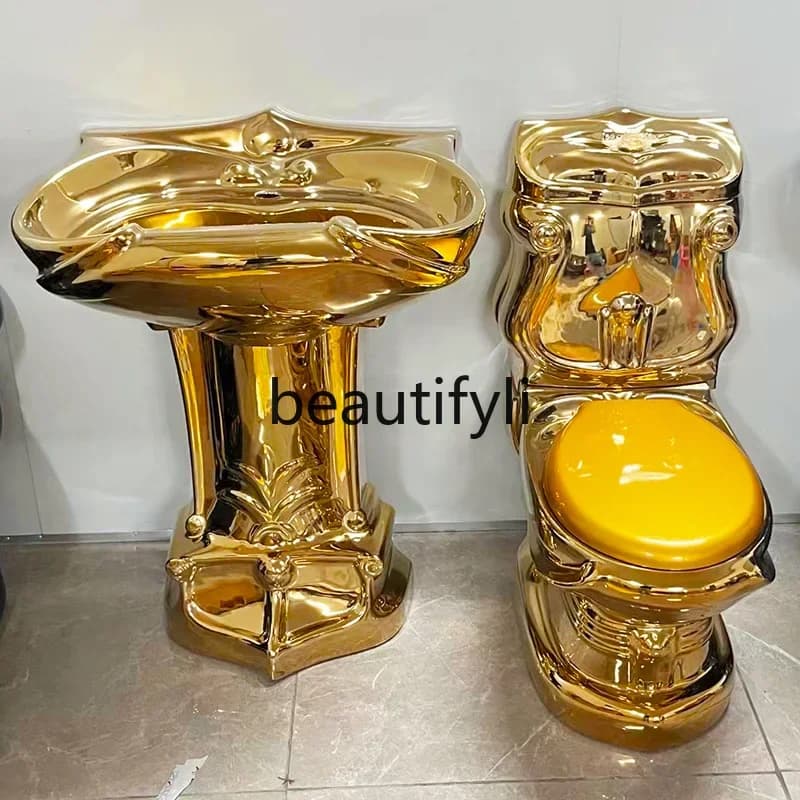 K178 European golden toilet retro hotel color gold toilet split creative wall row gold-plated toilet column basin