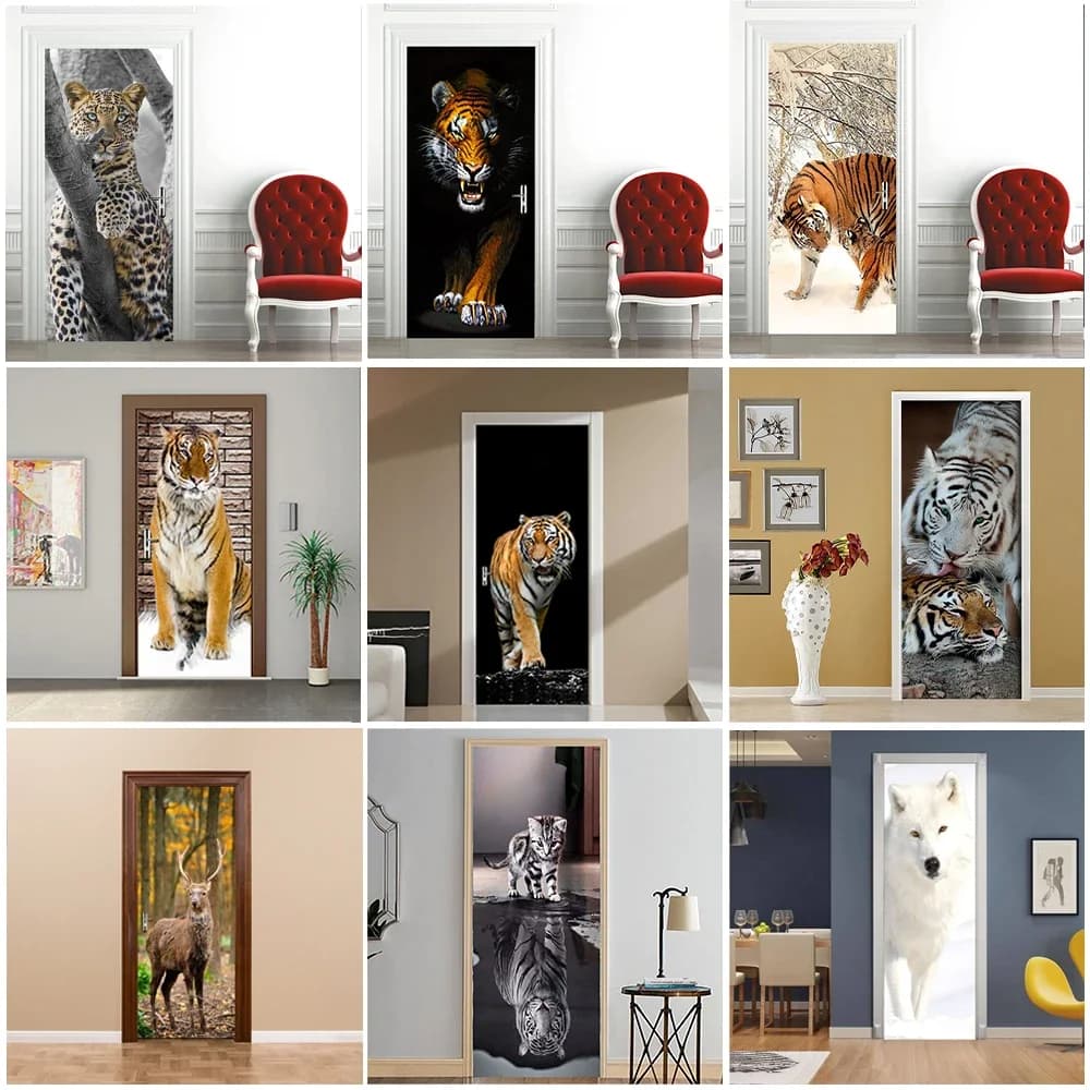 3D Tiger Door Sticker Animal Wallpaper PVC Vinyl Waterproof Self adhesive For Living Room Bedroom Decoration Removable Decals