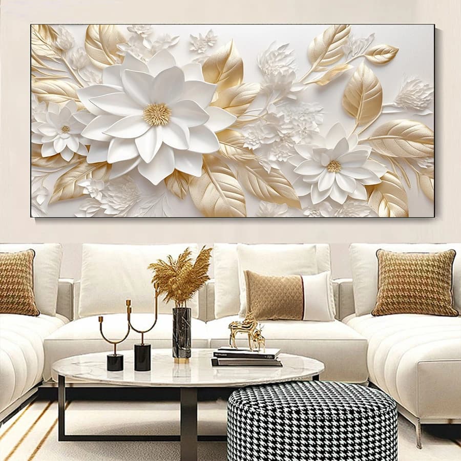 Elegrant White Flowers and Gold Leaves Posters, Canvas Print Abstract Botanical Art Painting, Wall arts Decor, Modern Home Decor