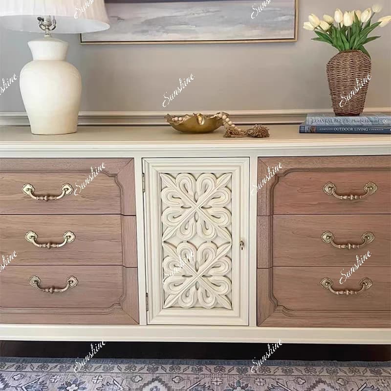 American solid wood porch cabinet, modern simple pastoral carved storage, decorative cabinet