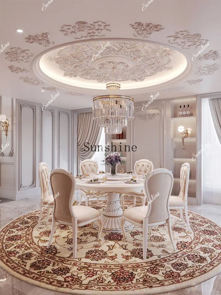 Court style dining table combination light luxury solid wood carving flower round table six chairs household  FT