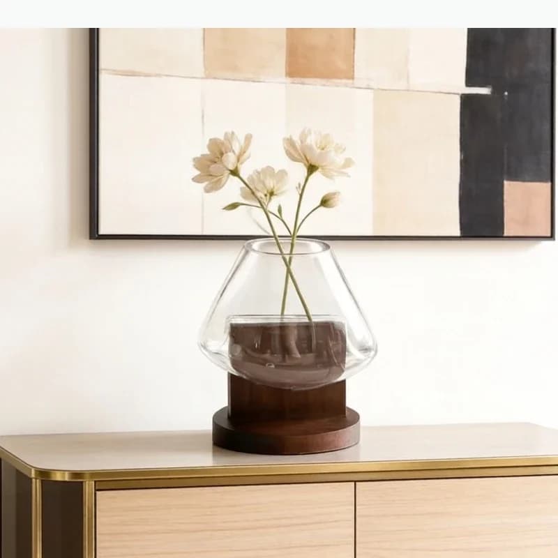 Creative Transparent Glass Vase Solid Wood Base Plant Pots Table Decoration Flower Arrangement Floral Vases Room Aesthetic Decor