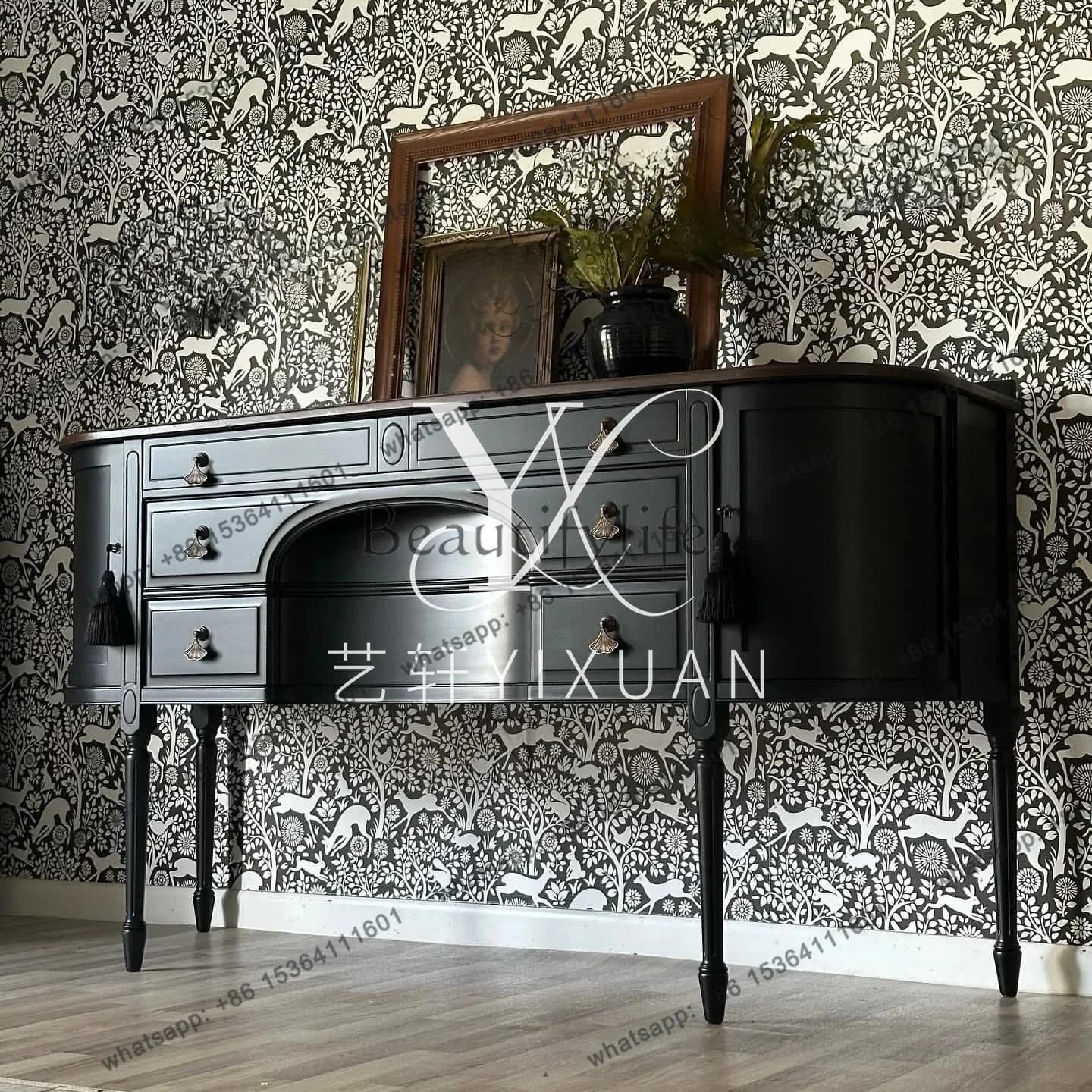 yj21 French retro solid wood black dining side cabinet American living room integrated wall storage locker furniture customizati