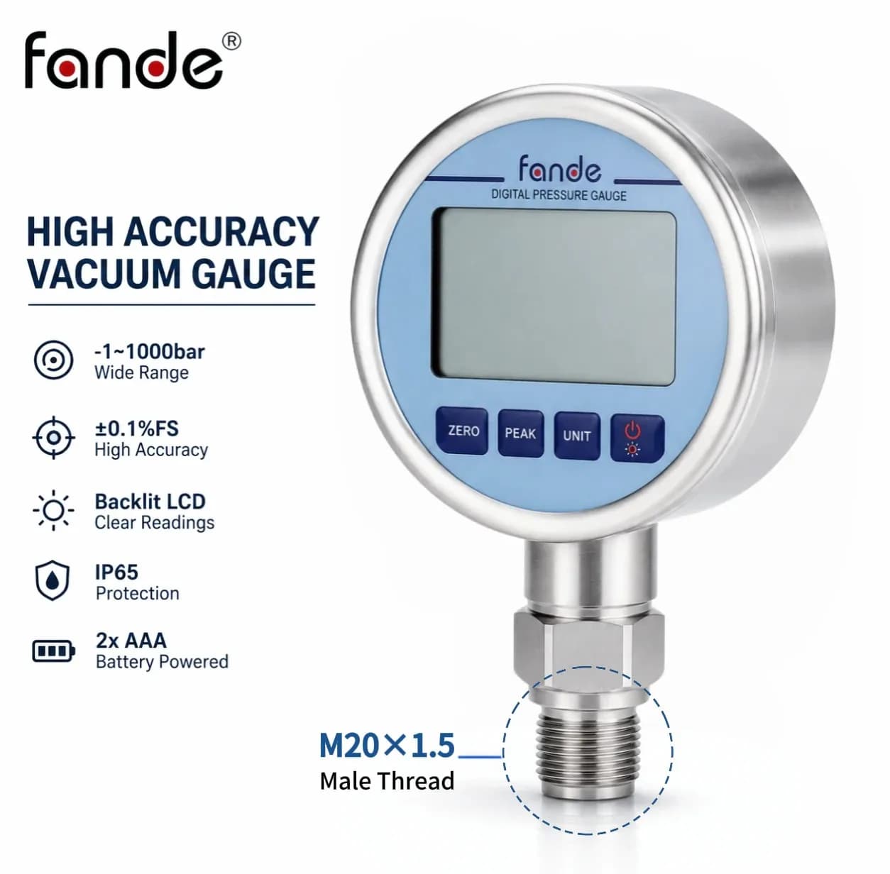 High Accuracy Vacuum Gauge -1~1000bar Intelligent Pressure M20×1.5 Display ±0.1%FS Backlit LCD for Industrial Use