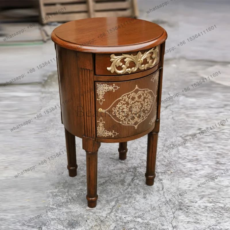 Walnut round table gold embossed sofa side table planter rack floor storage cabinet