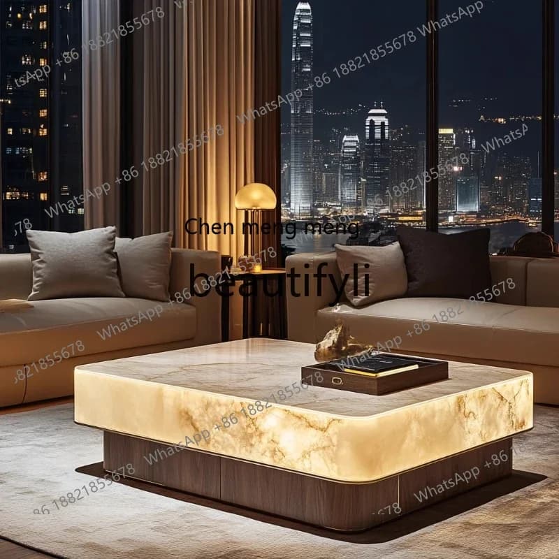GLuminous jade coffee table natural marble rectangular luxury stone solid wood advanced light luxury  living room coffee table
