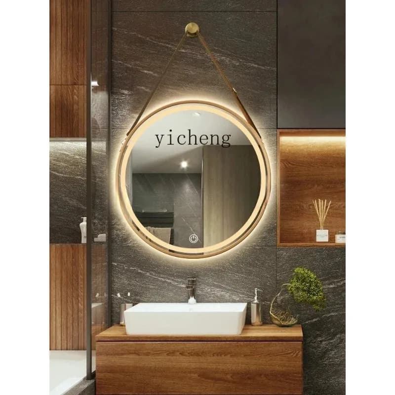 e-3  Toilet Bathroom Mirror Wall-Mounted Hang Rope Wall-Mounted Aluminum Alloy round Mirror