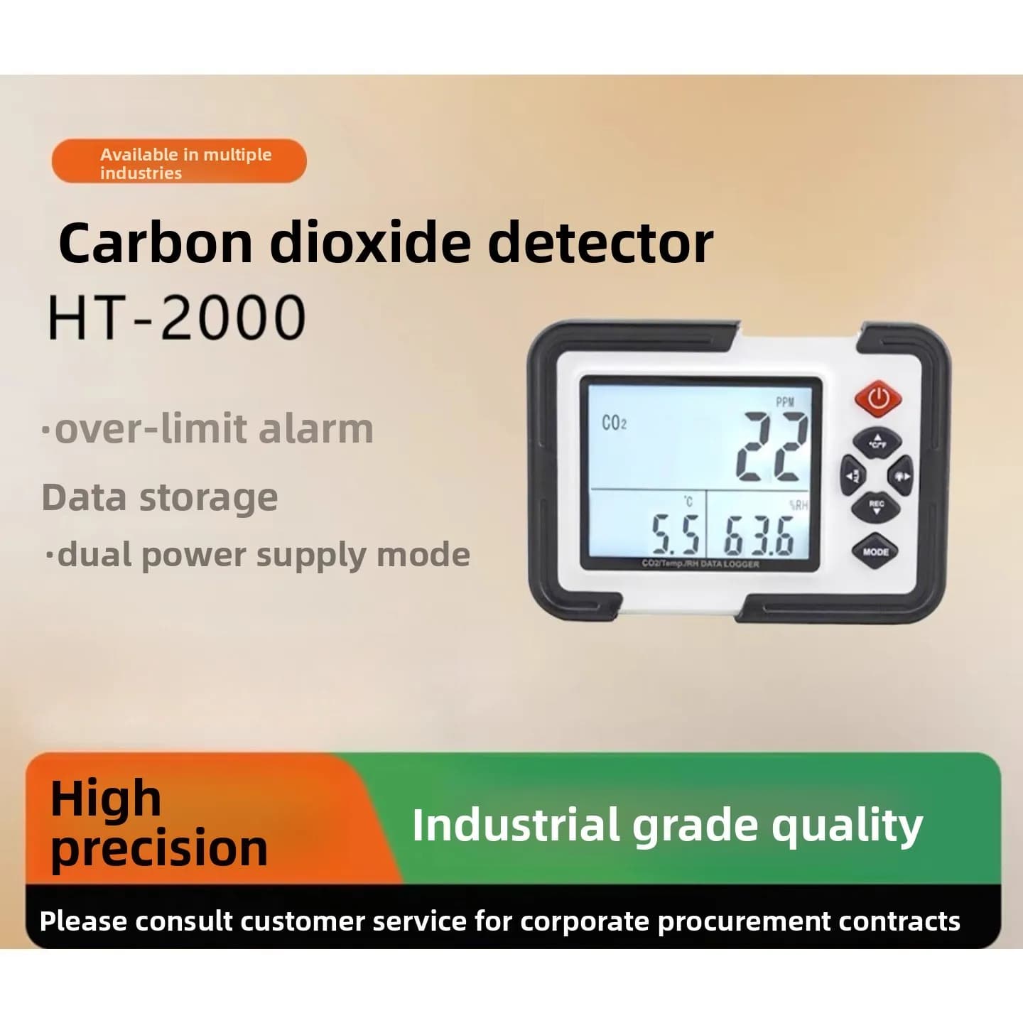 HT 2000 Carbon Dioxide Detector Portable Indoor CO2 Gas Concentration Monitor Air Quality Tester with Data Recording Function