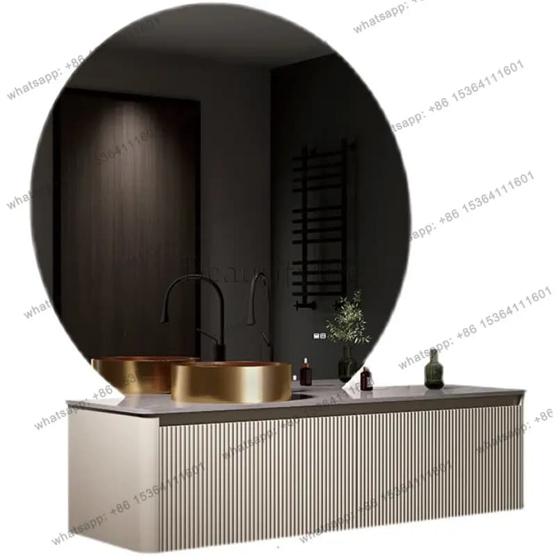 French rock slab bathroom cabinet combination light luxury gold countertop basin solid wood baking paint customization