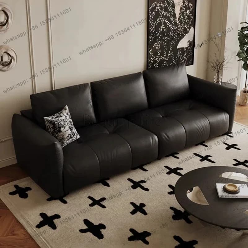 XX French Retro Square Sofa Leather First Layer Cowhide Simple Modern Living Room Black Sofa