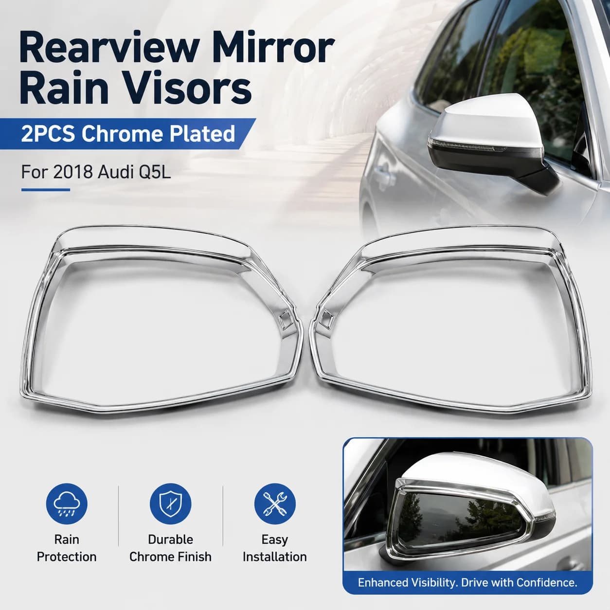 2Pcs Chrome Plated Rearview Mirror Rain Visors for 2018 Audi Q5L