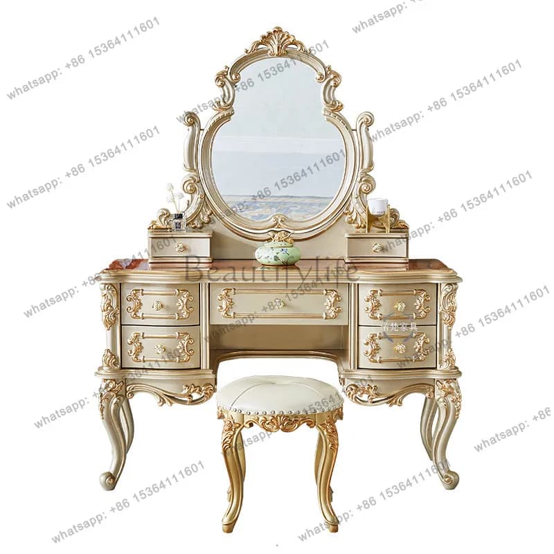 European solid wood dresser villa luxury 1.3 meters gold high-end carved bedroom princess makeup table and chairs combination