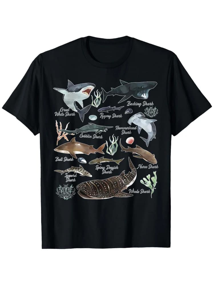 Ocean Marine Sea Educational Shark pattern -100% cotton summer short-sleeved O-neck men's printed T-shirt.