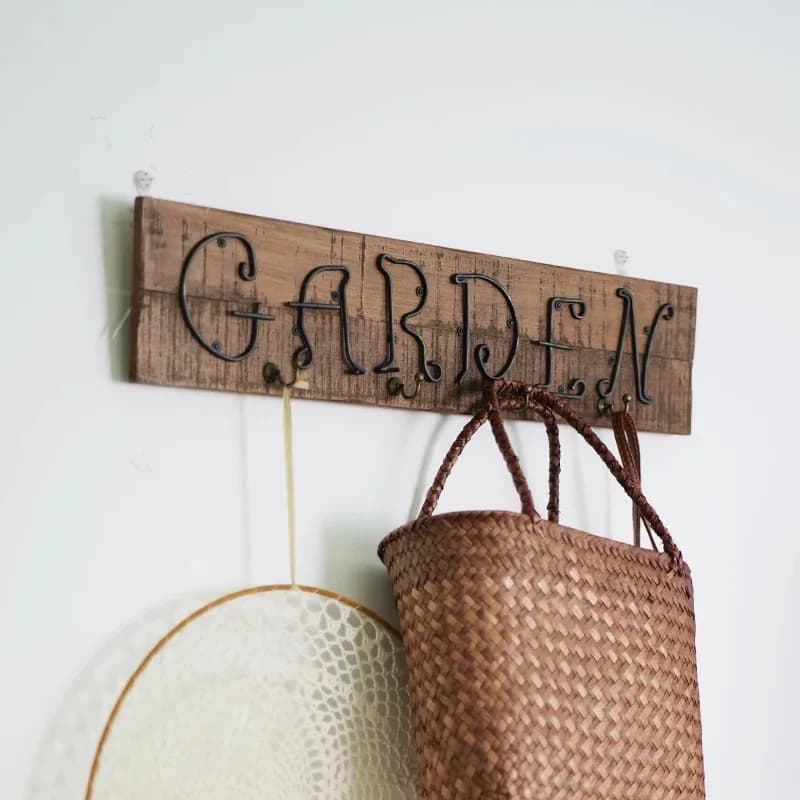 Rustic Wood Wall Mounted Garden Sign with Metal Letter Hooks, Distressed Cedar and Fir Wood, Vintage Decorative Organizer