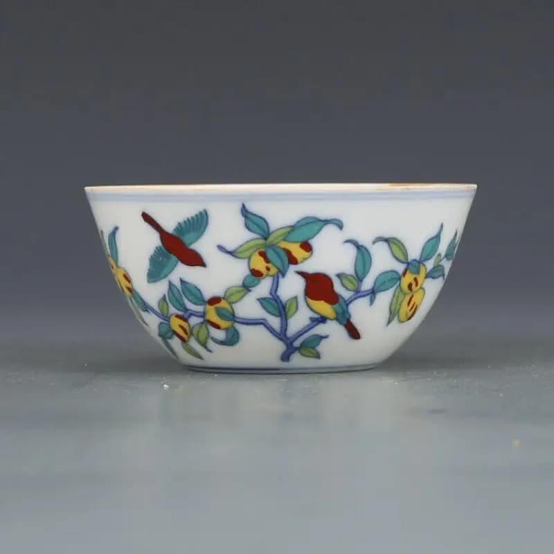 3.1" Chinese Ming Doucai Contrasting Colors Porcelain Flower Animal Bird Cup