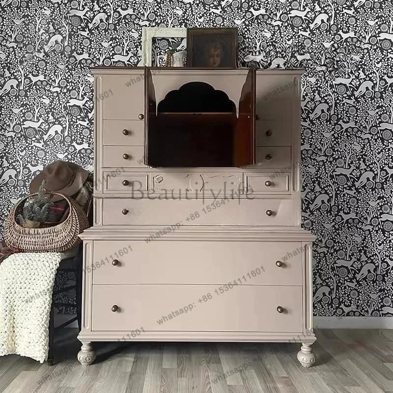 zj.French contrasting solid wood chest, bedroom wall storage cabinet, American retro living room storage decorative cabinet