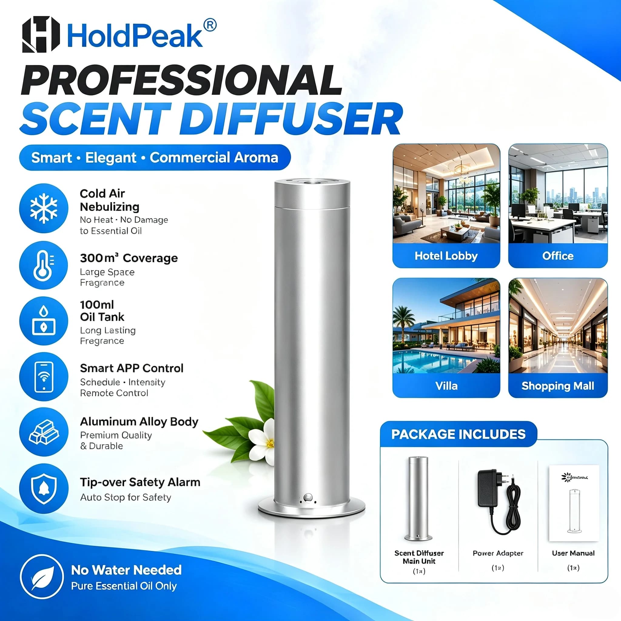 Column Commercial Aroma Diffuser 300m² Coverage 100ml Capacity APP Smart Control Tip-Over Protection for Spa Mall