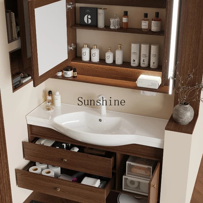 Narrow-sided ceramic integrated basin, antique bathroom, combined big belly basin is very narrow, washbasin cabinet