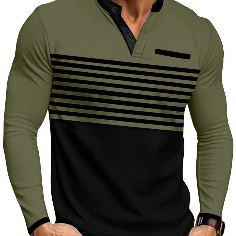 Spring Summer New Men Clothing Long-Sleeve V-Neck T-Shirt Patchwork Striped Top Slim Business Casual Tshirt Streetwear Trendy