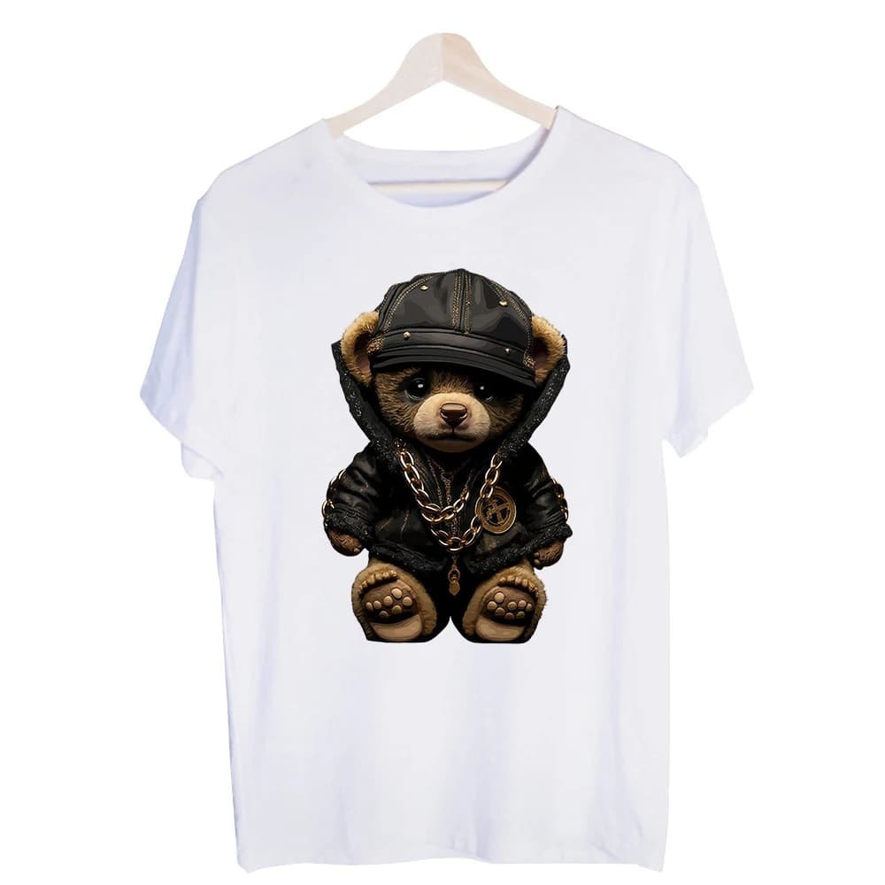 Men's Bear in Leather Jacket Graphic Tee, Short Sleeve Crew Neck T-Shirt for Urban Streetwear and Casual Outfits