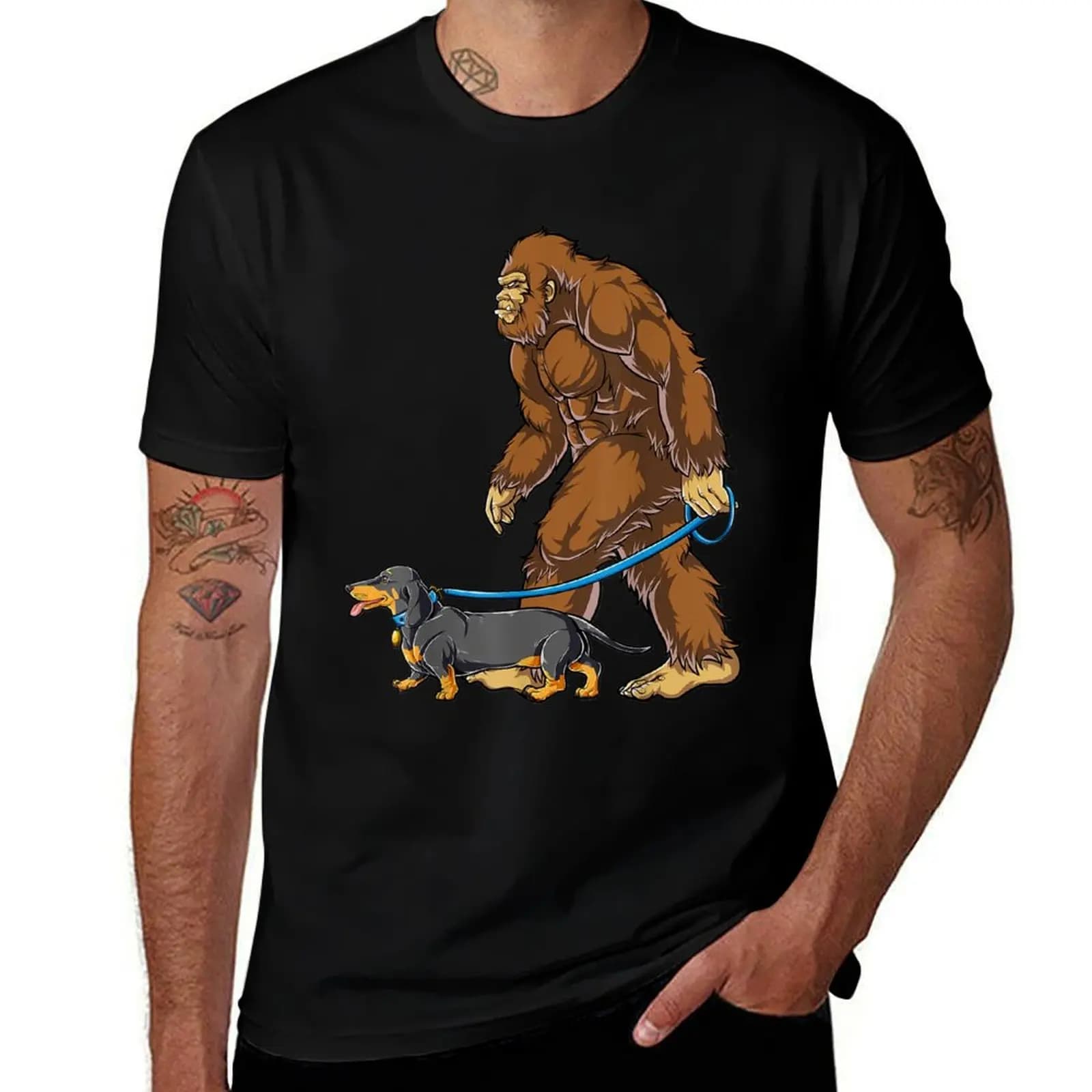 Bigfoot Dachshund Dog Walk Funny Sasquatch Lovers Men Women T-Shirt No Iron Casual Short Sleeve Top T-Shirt
