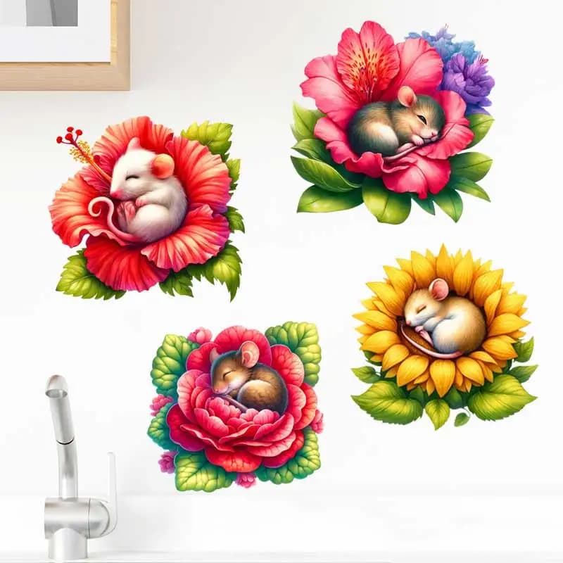 Mice Sleeping in Flowers Wall Sticker Living Room Sofa Background Decoration Wallpaper For Home Decor Kids room Art Decals S919